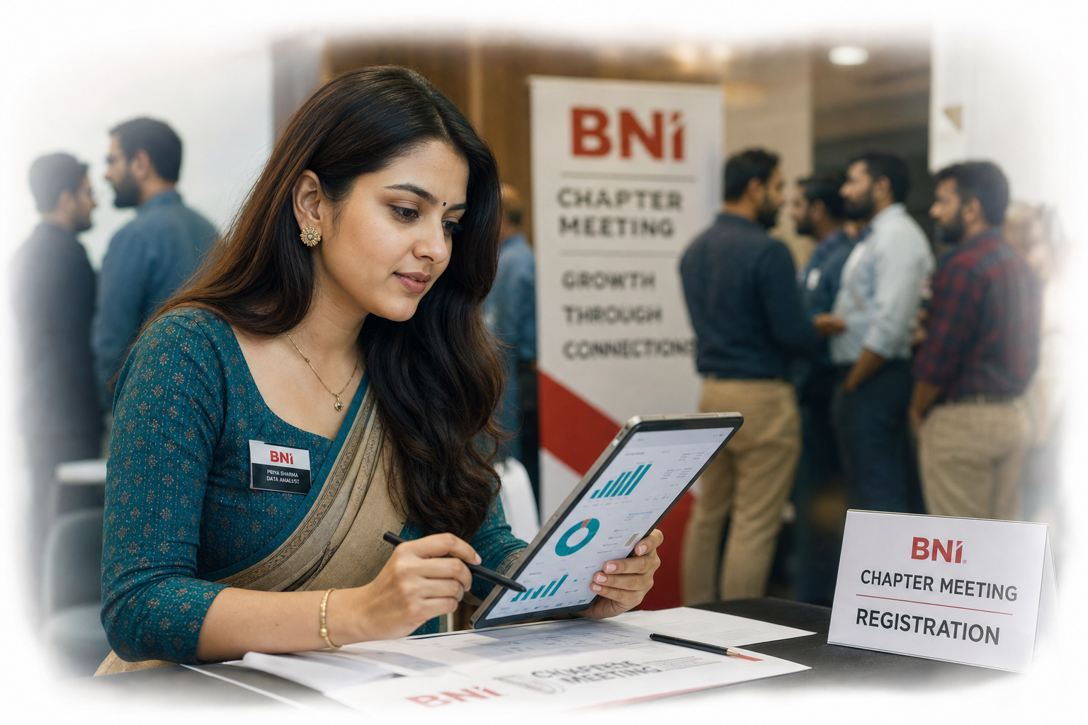 Indian professional reviewing event registration data on tablet at networking meeting