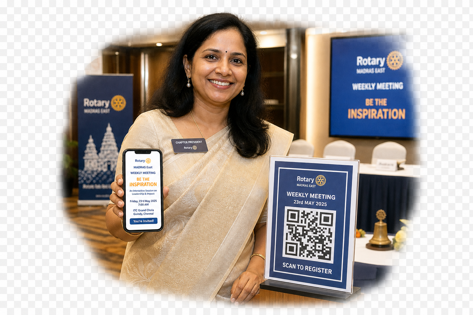 Indian chapter president sharing digital event invite at Rotary meeting with QR code stand